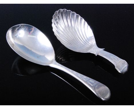 A George III silver caddy spoon, having a tear-drop shaped bowl and Greek key engraved stem, maker Peter & William Bateman, L
