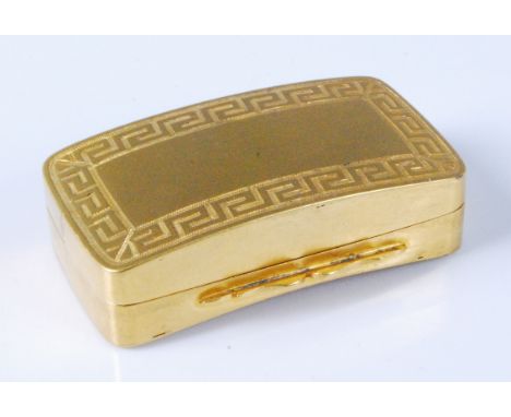 An early 19th century gilt metal pocket snuff-box, the cover and base with Greek Key border, plain interior, 4.8cm