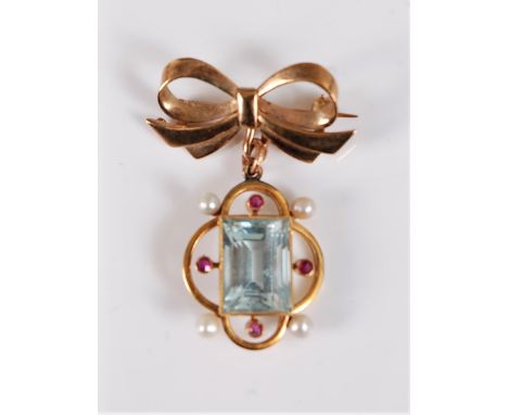 An aquamarine, ruby and cultured pearl pendant/brooch, the step cut aquamarine, approx. 14.5 x 10.4 x 9.2mm, in rubover mount