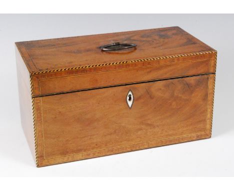 An early 19th century mahogany and inlaid tea caddy, the hinged cover with rosewood crossbanding and further ebony and satinw