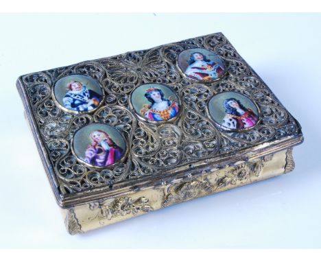 A mid-18th century gilt metal snuff-box, of waisted rectangular form, the cover set with five enamelled porcelain portrait pl