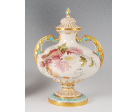 A late Victorian Royal Worcester pedestal vase and cover, shape No.2032, decorated in bright enamels with chrysanthemums on a