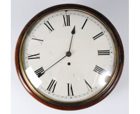 An early 19th century mahogany circular dial wall clock, having brass bezel with convex glass, the 12" unsigned convex white 