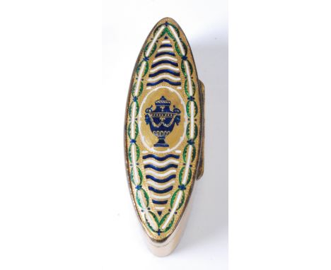 A George III gilt metal and enamel set snuff-box, of navette shape, the hinged cover finely worked in blue enamel with a comp