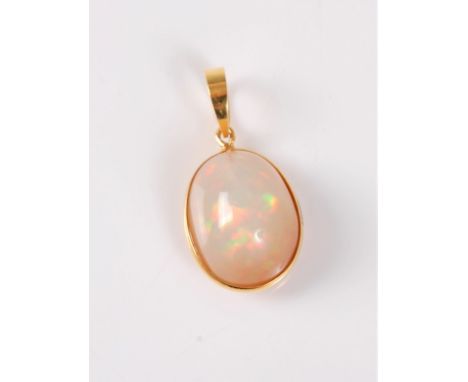 An opal pendant, the oval opal cabochon, approx. 11.5 x 15 x 8.8mm, collet mounted with tapered hanging loop, all in unmarked