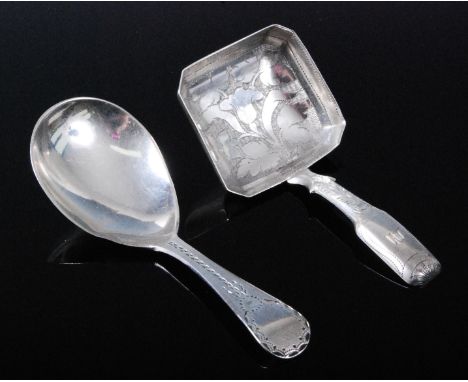 A George III silver caddy spoon, having a canted square shaped bowl with bright cut floral decoration, the terminal initialed