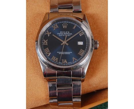 A gent's Rolex steel cased Oyster Perpetual Datejust chronometer, with blue dial, oyster bracelet, circa 2002, No.K168838, wi