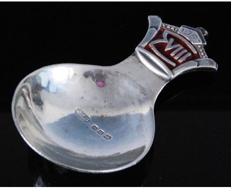 An Edward VIII Coronation silver caddy spoon, having a circular hammered bowl and red enamelled coronet handle dated 1937, ma