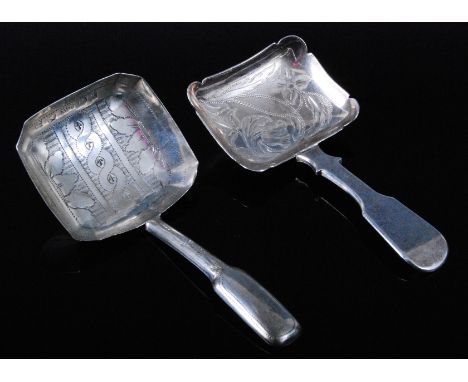 A George III silver caddy spoon, having a shaped square bowl with bright cut decoration, maker William Pugh, Birmingham, 1814