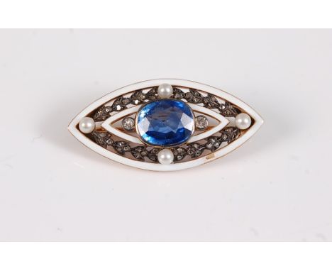A late 19th/early 20th century sapphire, diamond, 'pearl' and white enamel brooch, the central oval sapphire, approx. 10.7 x 