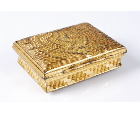 A George III gilt metal snuff-box, of waisted rectangular form, having engine turned hinged cover and undecorated inner cover