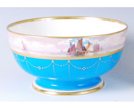 A Mintons porcelain footed bowl, the frieze painted with a continuous scene of sailing boats in calm waters signed by W.E.J. 
