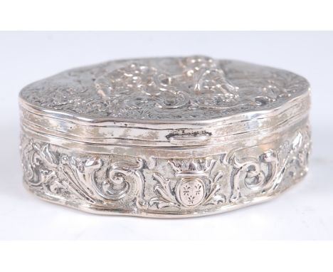 A late 19th century continental silver snuff-box, the hinged cover repousee decorated with a figure landscape scene, the frie