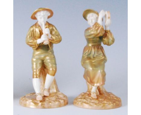 A pair of Royal Worcester shot enamel figures, the Boy-piper Strephon with female companion, modelled by James Hadley, puce b
