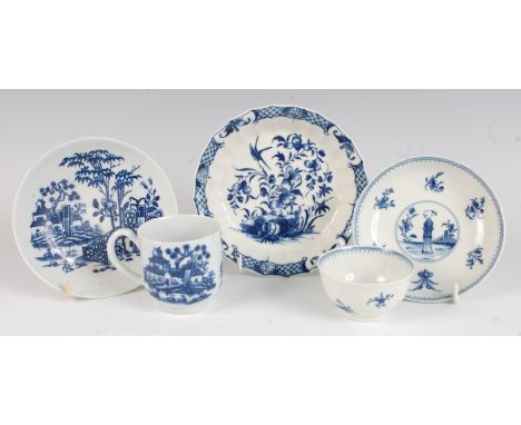 A Worcester porcelain coffee cup and saucer, blue and white printed in the Plantation pattern, unmarked, circa 1760-70, sauce