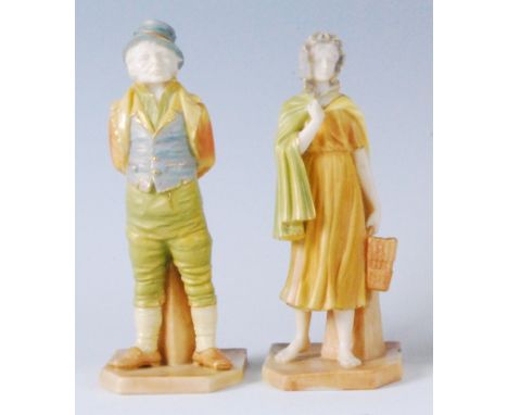 A pair of Worcester shot enamel figures depicting Charles Dickens characters Irish Man No.835 and Irish Girl No.1874, modelle