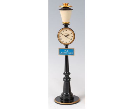 A Jaeger LeCoultre novelty clock in the form of a Parisian street lamp, the clock with alarm, the lamp post with street sign 