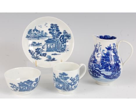 A Worcester porcelain sparrow-beak cream jug, blue and white printed in the Bandstand pattern, circa 1780-90, h.10.5cm; toget