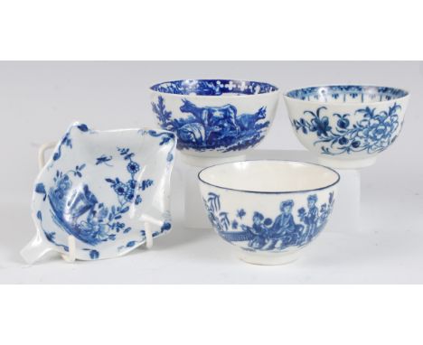 A Worcester porcelain tea bowl, blue and white printed in the Milkmaid pattern, circa 1775-90, dia.8cm; together with another
