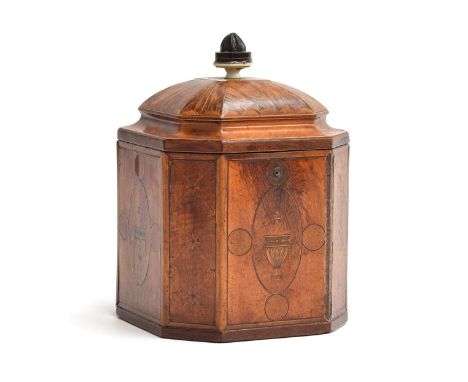 A George III marquetry and parquetry tea caddy, of canted square form, with lined interior and internal parquetry cover, 12.9