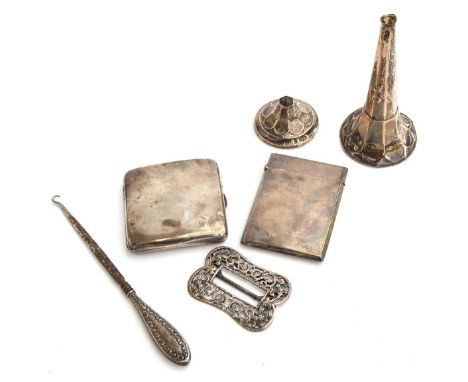 A silver cigarette case by Munsey &amp; Co. Ltd, Birmingham 1909; another by Deakin &amp; Francis Ltd; silver belt buckle by 