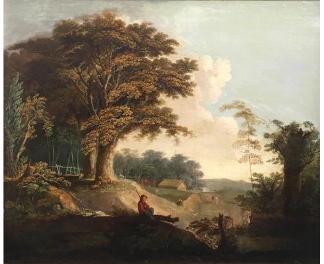 19th century British School, in the manner of John Constable, shepherd in a pastoral settings, oil on canvas, 75 x 90cm 