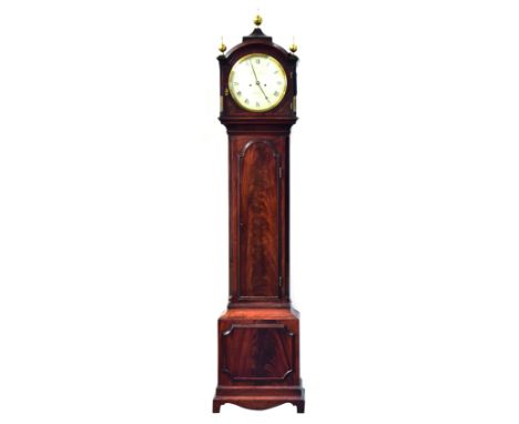 A mahogany longcase clock, the 30.5cm dial signed James Ferris, Poole, the dome top with three gilt finials, domed moulded do