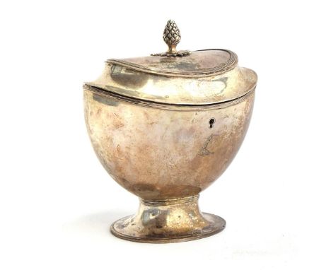 A Dutch silver tea caddy, bearing mark of Willem Diemont, Amsterdam 1843, of oval form with pineapple finial on hinged lid, r