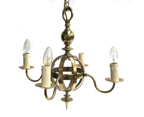 A brass four arm chandelier of central globe construction 