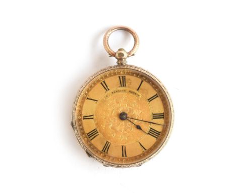 A 9ct gold ladies open face top wind pocket watch, the engine turned case marked Dennison Watch Co., Roman numerals to white 