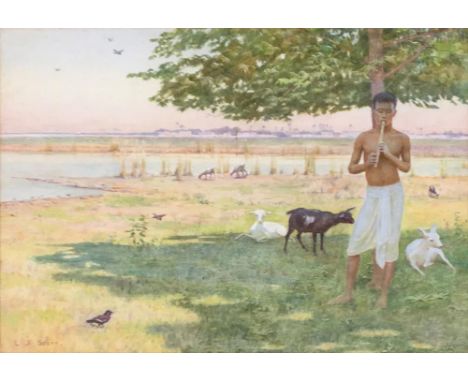 L J Scott, goatherd playing a pipe by the River Nile, watercolour, signed lower left, 26 x 36cm 