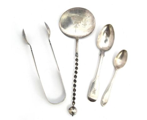 A small lot of silver to include a pair of Victorian silver sugar tongs by John Stone, Exeter 1847; a silver teaspoon by Will