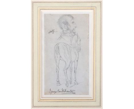 George Cruikshank (1792-1878), pencil sketch self portrait and study of a horse from behind, signed, further sketches on reve