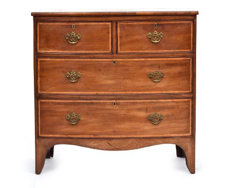 A bow front mahogany chest of two short over two long cross banded drawers, on swept bracket feet, 88cm wide, 49.5cm deep, 88