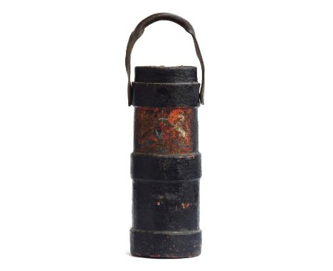 An early leather shell carrier with loop handle, decorated with armorial crest 'Dieu et mon droit', converted to a stick/umbr
