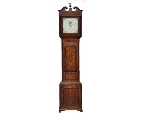 An oak cased longcase clock, swan pediment with phoenix cresting, the case cross banded with central lozenge motif, the door 