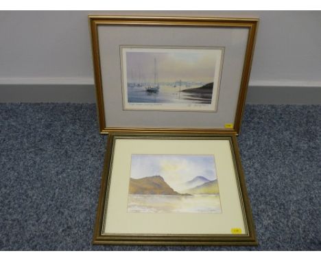 R BEAUMONT watercolour - seascape, 17 x 24 cms and NEAL S HOPKINS signed limited edition print - Pwllheli yachting scene, 18 