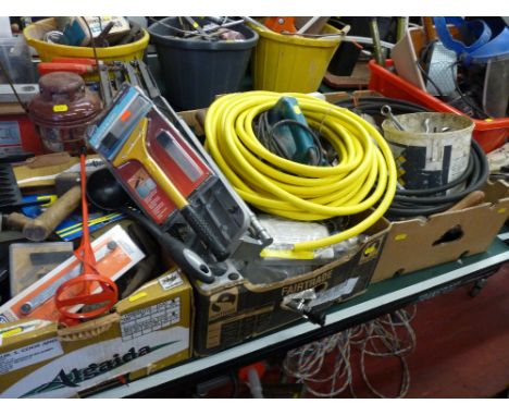 Three boxes of various garage items including a 180mm sander/polisher, sockets, bridges, vintage drill, yellow piping, Makita