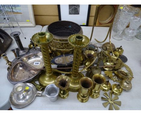 Selection of vintage brass and plated ware including a pair of twist candlesticks, quantity of epergne stands etc