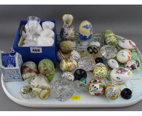 Collection of modern enamel and other collectable eggs, small glass salts and a boxed set of six drinking glasses etc