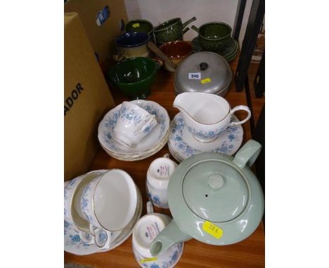 Quantity of pottery soup cups and a small lidded saucepan, a Colclough part teaset etc
