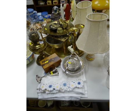 Brass oil lamp, large brass tray, other brassware, electroplate, treen ware, linen, table lamps etc