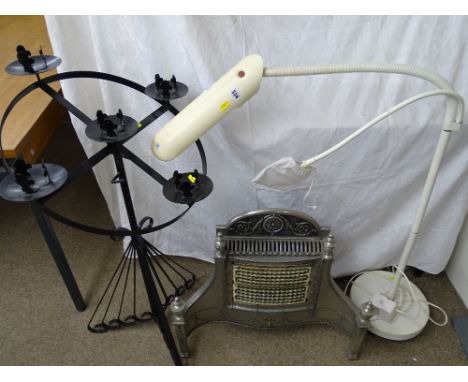 Adjustable reading lamp, wrought iron candlestand and a vintage style electric fire (display purpose only)