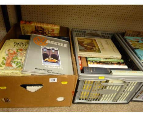 Box and a plastic crate of vintage books