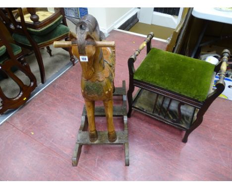 Vintage carved wood rocking horse and a green upholstered lyre style piano stool