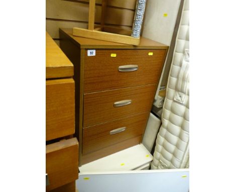 Parcel of furniture including light wood veneer three drawer bedside chest, three drawer dark wood bedroom chest, string topp