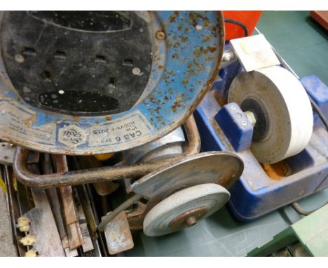 Red tub containing Mastersharp power unit, face masks etc, bench top grinding wheel, Record Scan 150 grinding wheel and exten