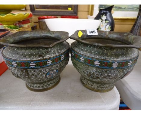 Pair of Oriental planters with champleve enamel decoration