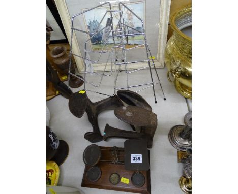 Set of vintage postal scales, two iron shoe lastes and two modern chrome plate stands