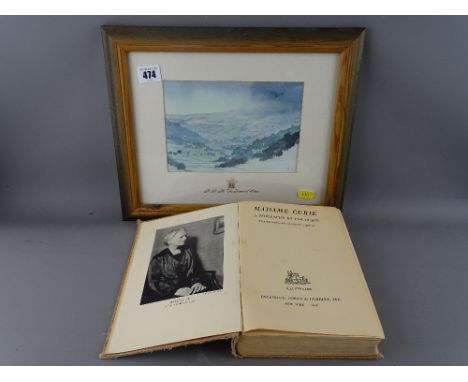 HRH Prince of Wales framed print titled 'Wensleydale, Yorkshire' and a first edition book titled 'Madam Curie, a Biography by